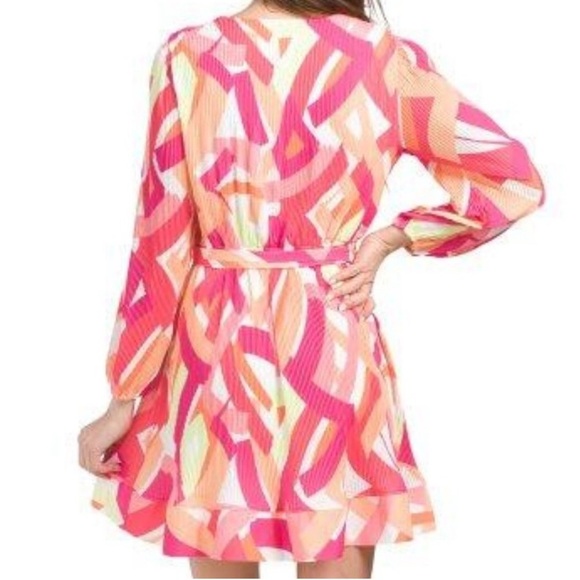 Nicole Miller Pink and Orange Patterned Pleated Mini Dress with Bishop Sleeves - Picture 2 of 8